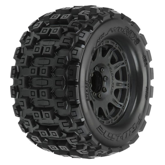 1/8 Badlands MX38 F/R 3.8" MT Tyres Mounted 17mm Black Raid (2)