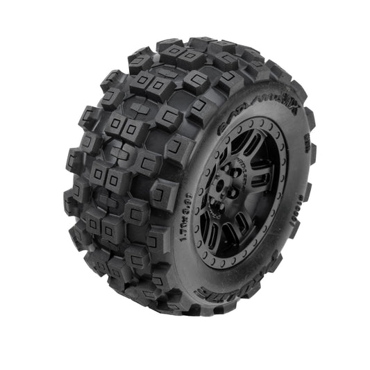 Badlands Front/Rear Tyres Mounted 12mm Black Split Six (2) ARRMA MINI KRATON