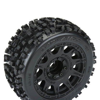 1/8 Badlands F/R 3.8" MT Tyres Mounted 17mm Black Raid (2)